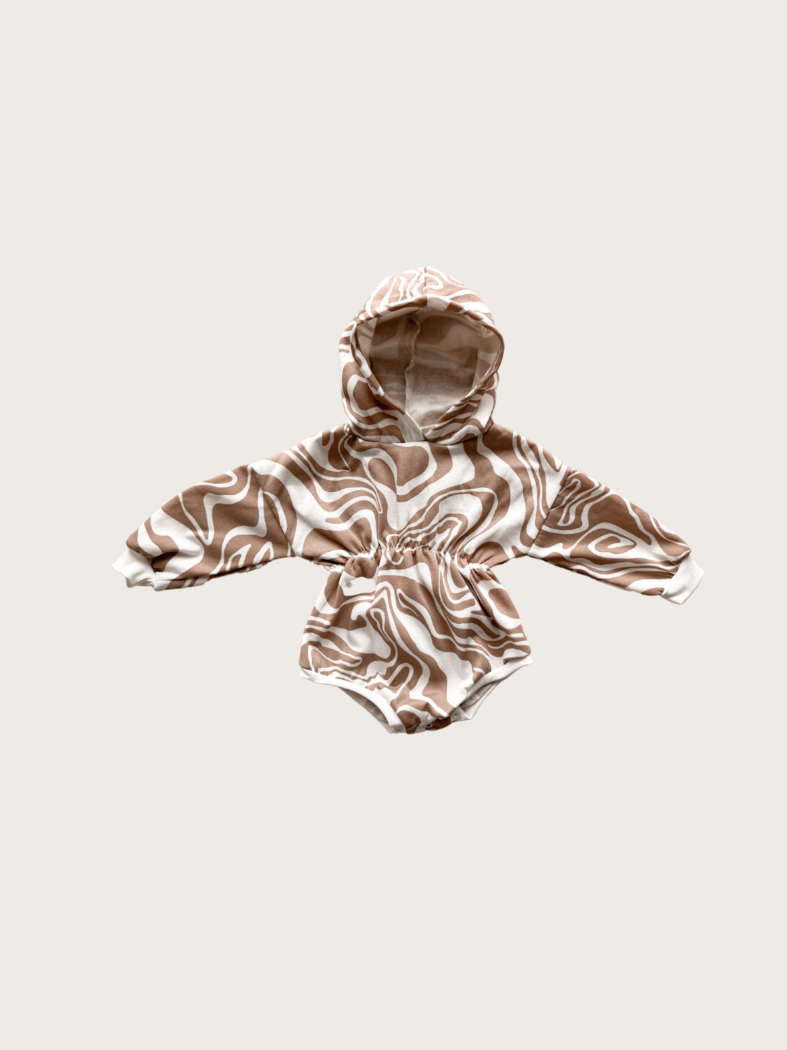 Long Sleeve Sweatshirt Cinch Romper {All-Around Print - Beige and White}