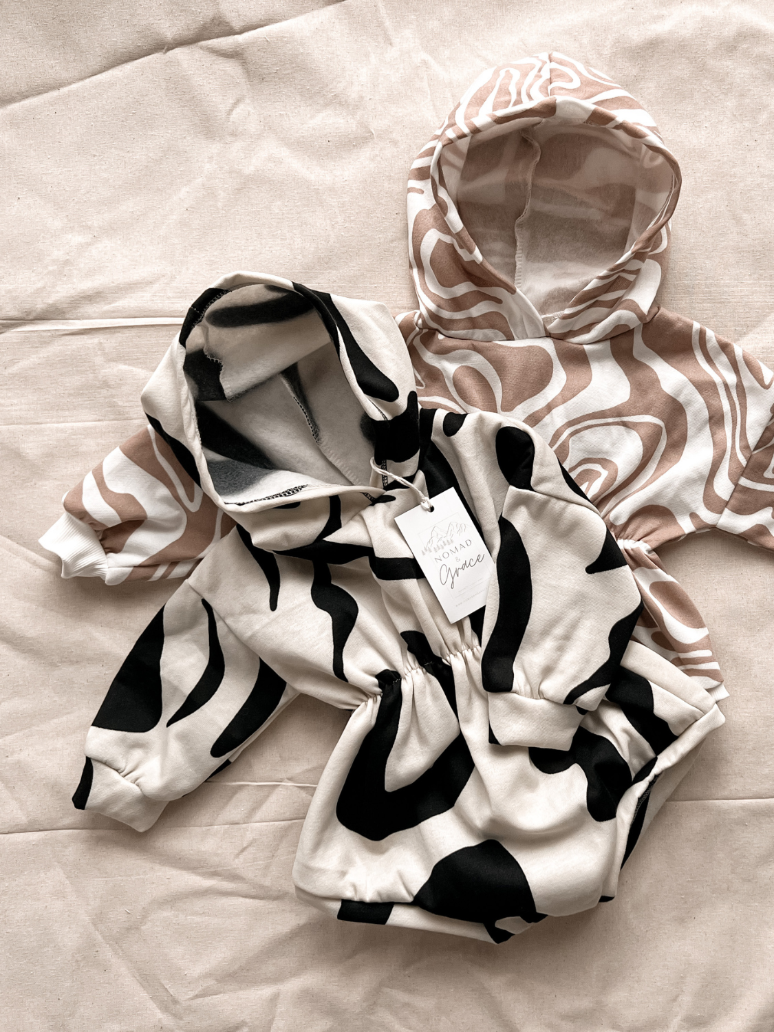 Long Sleeve Sweatshirt Cinch Romper {All-Around Print - Beige and White}